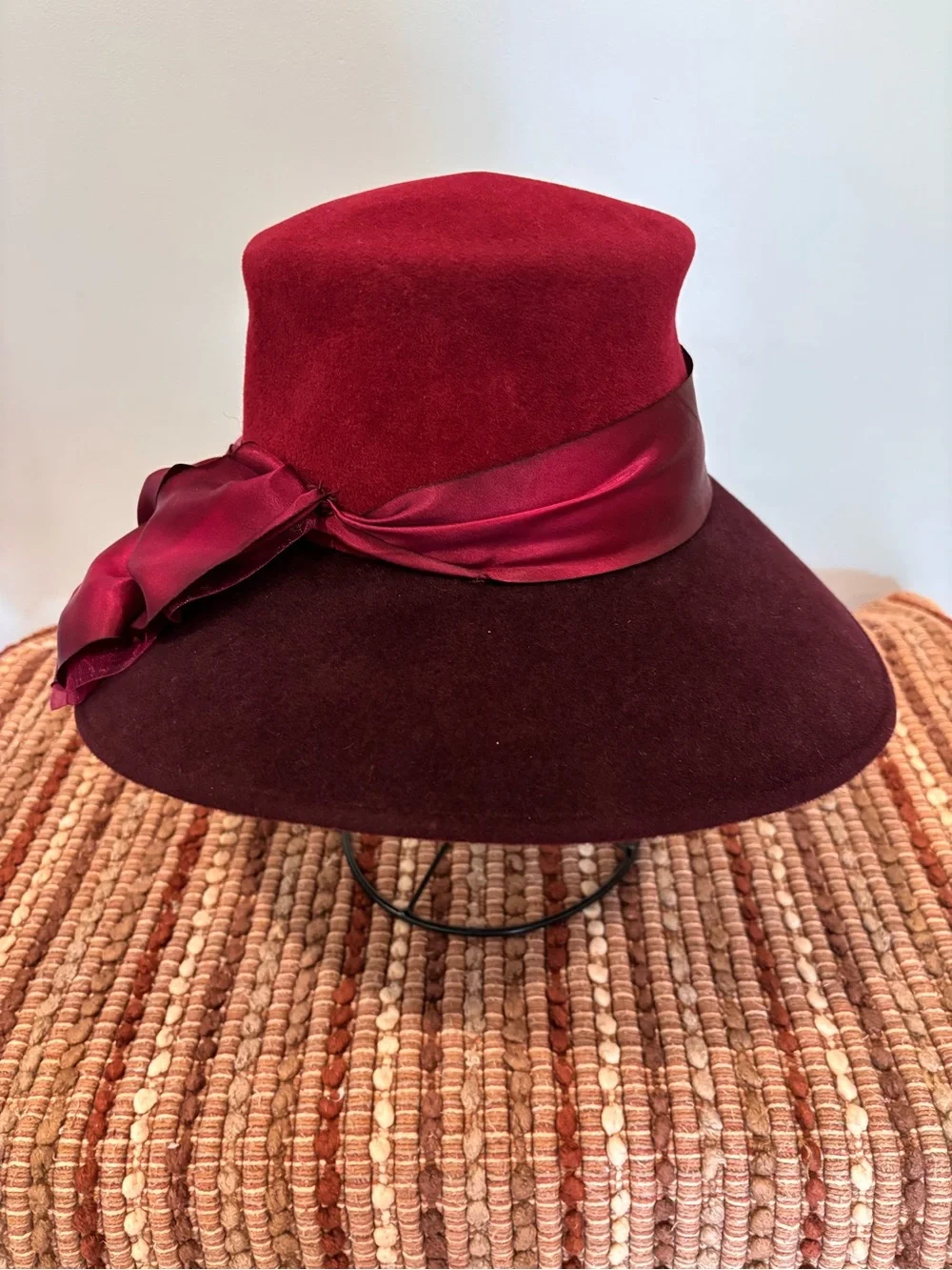 Louise Green Wool Felt Wide Brim Hat Burgundy Colorblock Satin Statement Derby